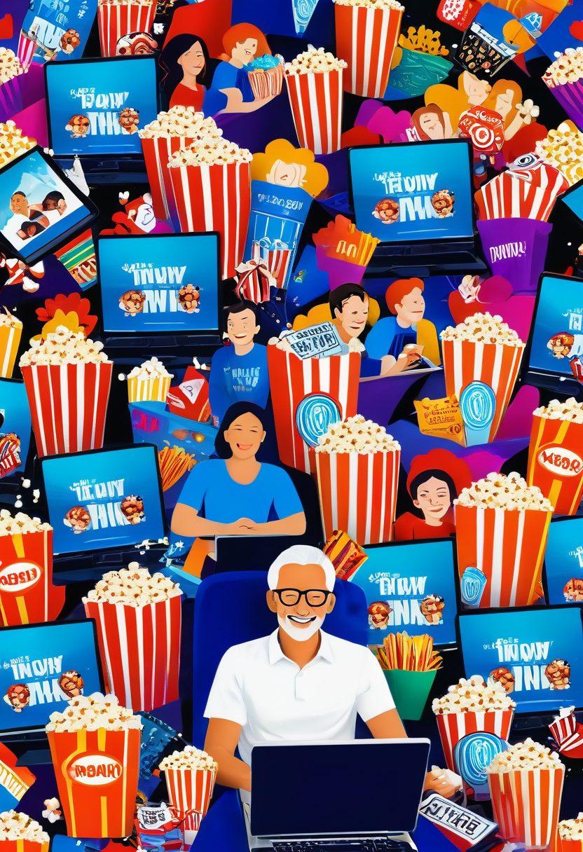 A vibrant collage featuring people of various ages joyfully watching movies on different devices such as laptops, tablets, and smartphones. The background showcases scenes from classic and modern films flying out from the screens, creating a magical atmosphere. Include popcorn buckets, film reels, and streaming icons to emphasize the no-cost entertainment theme. Integrate a cheerful color palette to evoke a sense of fun and excitement. 3D illustration. vibrant colors.